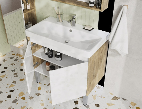 Тумба под раковину Aquaton Сканди Doors 80 1A282901SDZ90 Белый глянец Дуб рустикальный МДФ / ЛДСП