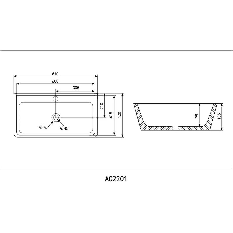 Раковина Abber Rechteck 61 AC2201MB Черная матовая фарфор накладная