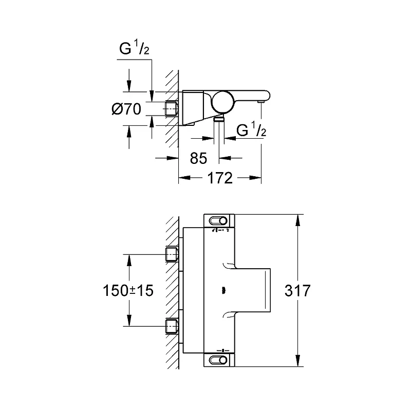 Смеситель для ванны Grohe Grohtherm 2000 34464001 с термостатом Хром латунь на стену