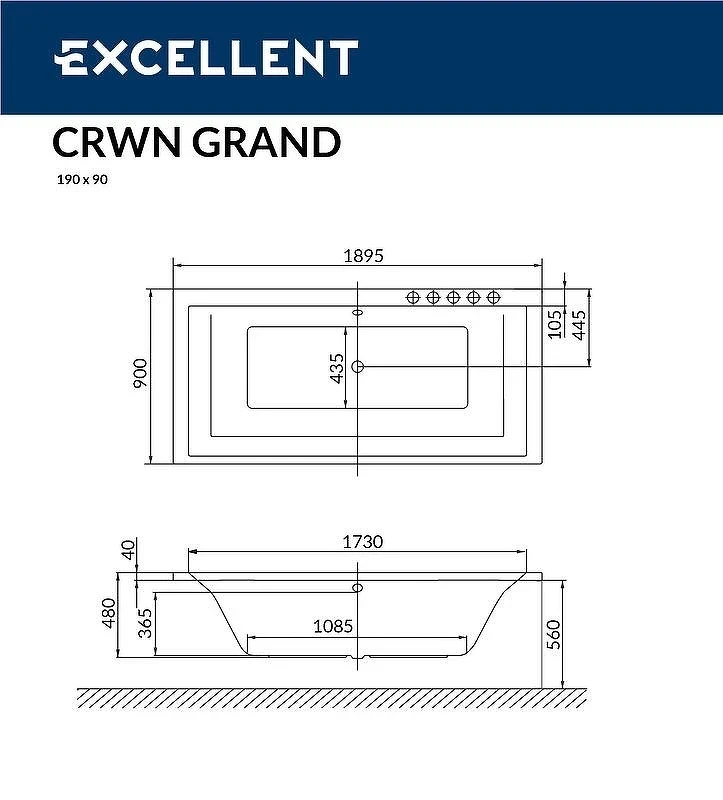 Акриловая ванна Excellent Crown Grand 190x90 WAEX.CRG19.SMART.GL с гидромассажем