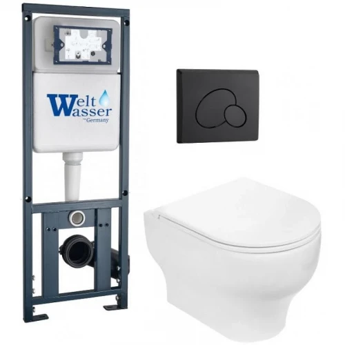 Комплект унитаза с инсталляцией WeltWasser MARBERG 410 + ERLENBACH 004 GL-WT + MAR 410 RD MT-BL 10000010375 цвет Белый глянцевый с сиденьем Микролифт и клавишей смыва цвет Черный матовый