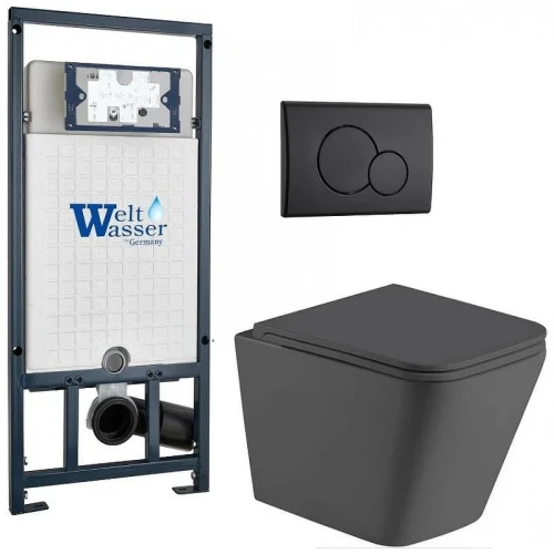 Комплект унитаза с инсталляцией WeltWasser MARBERG 507 + GELBACH 043 MT-GR + MAR 507 RD MT-BL 10000012044 цвет Черный матовый с сиденьем Микролифт и клавишей смыва цвет Черный матовый