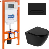 Комплект унитаза с инсталляцией BelBagno Colorato BB062CHR-MB/BB062SC-MB/BB002-80/BB007-PR-NERO.M с сиденьем Микролифт и Черной матовой клавишей смыва фаянс подвесной