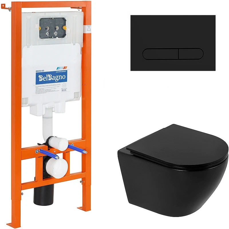 Комплект унитаза с инсталляцией BelBagno Colorato BB062CHR-MB/BB062SC-MB/BB002-80/BB007-PR-NERO.M с сиденьем Микролифт и Черной матовой клавишей смыва фаянс подвесной