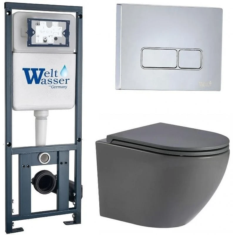 Комплект унитаза с инсталляцией WeltWasser MARBERG 410 + MERZBACH 043 MT-GR + MAR 410 SE-CR 10000011393 цвет Серый матовый с сиденьем Микролифт и клавишей смыва цвет Хром