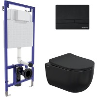 Комплект унитаза Berges Ventas Black с инсталляцией Novum 043326 Черный с сиденьем Микролифт и Черной Soft touch клавишей смыва фарфор подвесной