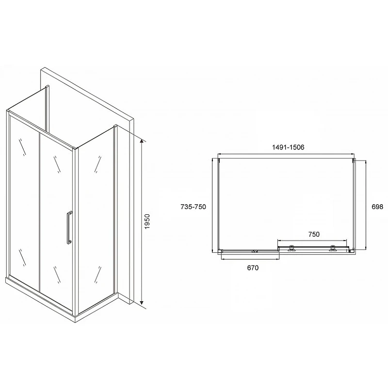 Душевой уголок Abber Schwarzer Diamant 150x75 AG30150H-S75-S75 профиль Хром стекло прозрачное