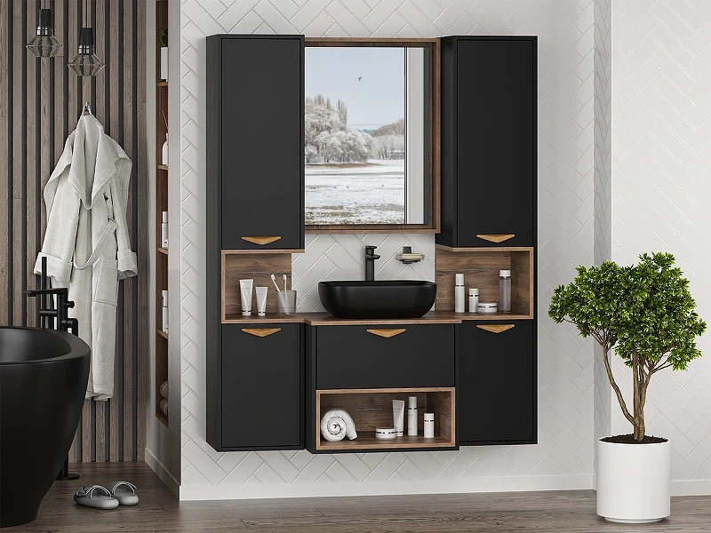 Шкаф пенал Brevita Bergen 35 L BER-05035-02-19-ПоЛ подвесной Черный матовый Дуб Галифакс олово МДФ / ЛДСП
