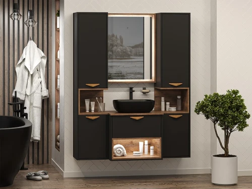Шкаф пенал Brevita Bergen 35 L BER-05035-02-19-ПоЛ подвесной Черный матовый Дуб Галифакс олово МДФ / ЛДСП