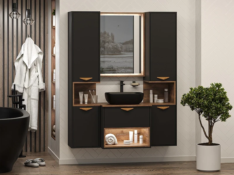 Шкаф пенал Brevita Bergen 35 L BER-05035-02-19-ПоЛ подвесной Черный матовый Дуб Галифакс олово МДФ / ЛДСП