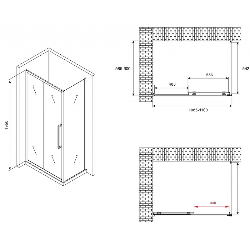 Душевой уголок Abber Schwarzer Diamant 110x60 AG30110H-S60 профиль Хром стекло прозрачное
