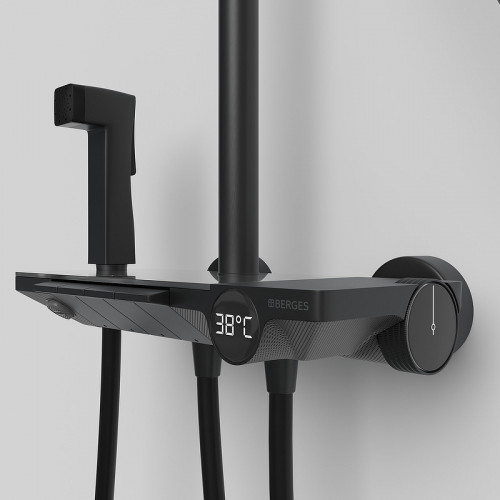 Душевая система Berges Pulsar 075012 с термостатом Черная матовая латунь на стену