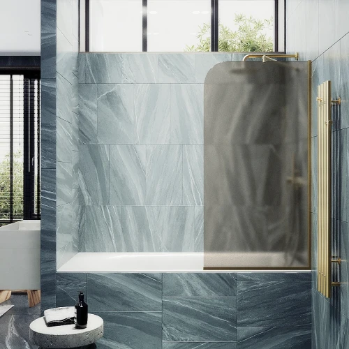 Шторка на ванну Maybah Glass MGV-136-3у 440x1400 в узком профиле Золото стекло бронзовое матовое