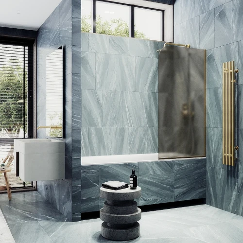 Шторка на ванну Maybah Glass MGV-136-3у 440x1400 в узком профиле Золото стекло бронзовое матовое