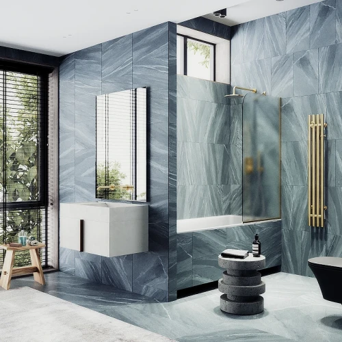 Шторка на ванну Maybah Glass MGV-143-3у 640x1400 в узком профиле Золото стекло сатиновое