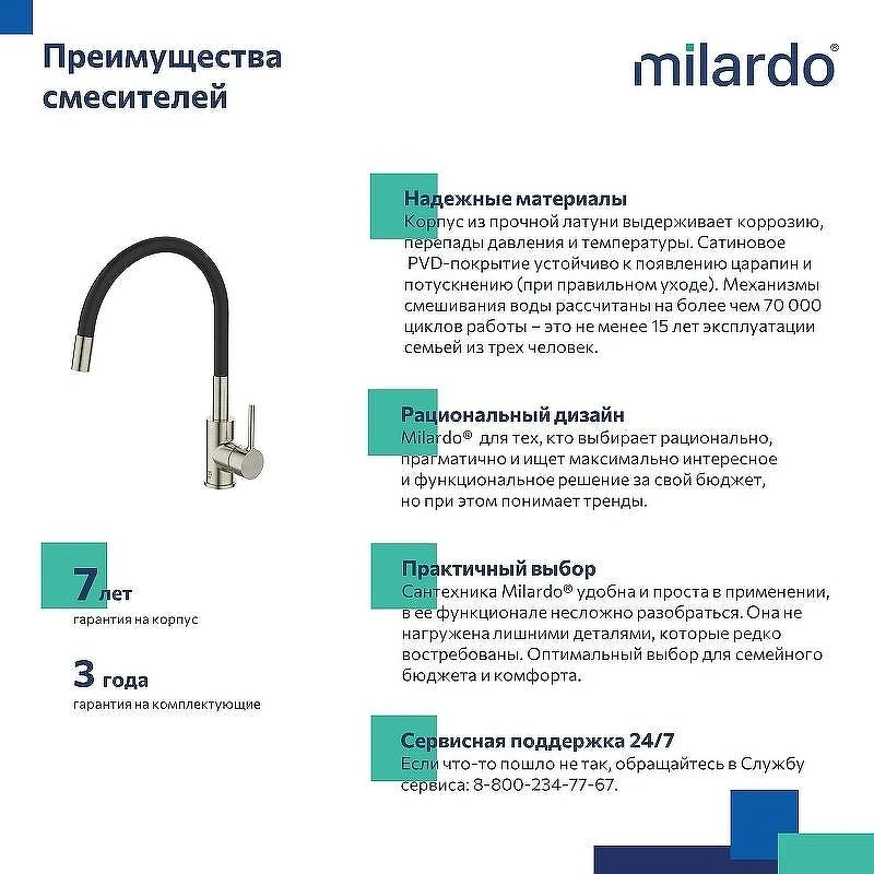 Смеситель для кухни Milardo Meal M01BN0FM05 Сатин