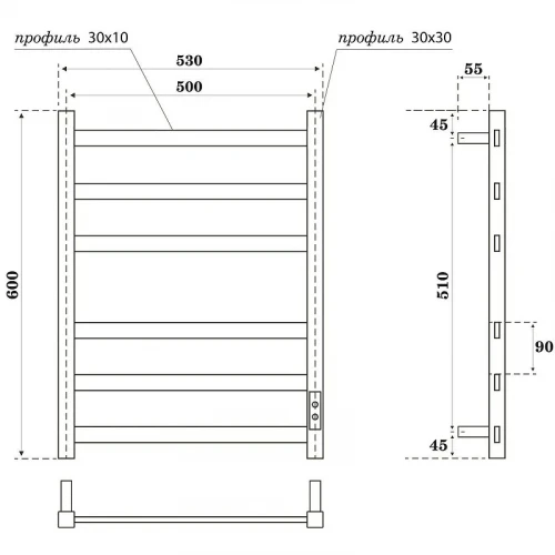 Электрический полотенцесушитель Point Меркурий PN83856GR П6 500x600 диммер справа Графит премиум