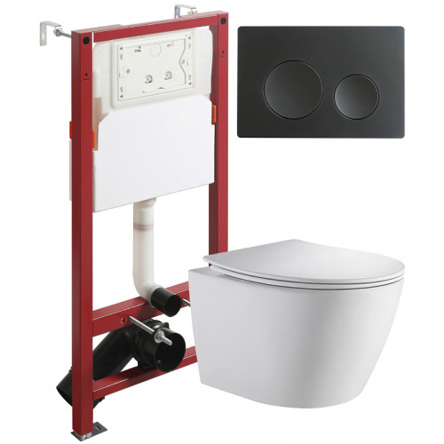 Комплект унитаза с инсталляцией Orange CI07-100W+APB144 с сиденьем Микролифт и Черной матовой клавишей смыва фарфор подвесной