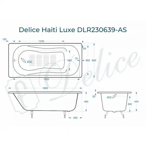 Чугунная ванна Delice Haiti Luxe 180x80 DLR230639-AS без отверстий под ручки с антискользящим покрытием