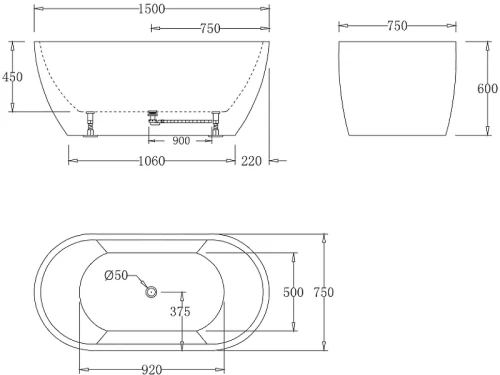 Акриловая ванна BelBagno 150x75 BB70-1500-W0 без гидромассажа