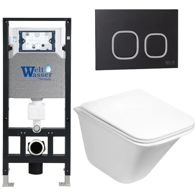 Комплект унитаза с инсталляцией WeltWasser AMBERG 506 + ROTBACH 004 GL-WT + AMBERG RD-BL 10000006831 цвет Белый глянцевый с сиденьем Микролифт и клавишей смыва цвет Черный