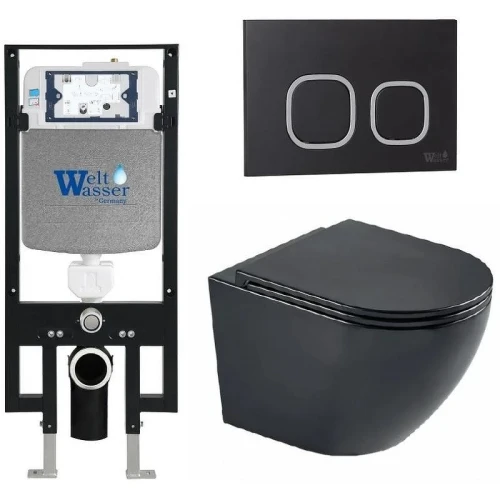 Комплект унитаза с инсталляцией WeltWasser AMBERG 497 + MERZBACH 043 MT-BL + AMBERG RD-BL 10000011327 цвет Черный матовый с сиденьем Микролифт и клавишей смыва цвет Черный
