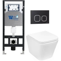 Комплект унитаза с инсталляцией WeltWasser AMBERG 506 + GELBACH 043 GL-WT + AMBERG RD-BL 10000011861 цвет Белый глянцевый с сиденьем Микролифт и клавишей смыва цвет Черный