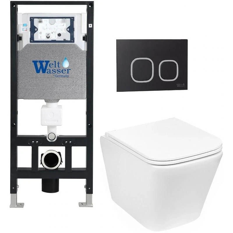 Комплект унитаза с инсталляцией WeltWasser AMBERG 506 + GELBACH 043 GL-WT + AMBERG RD-BL 10000011861 цвет Белый глянцевый с сиденьем Микролифт и клавишей смыва цвет Черный