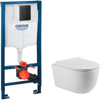 Комплект унитаза Vincea Evo Rimless VT1-34S с инсталляцией Grohe Rapid SL 38811KF0 с сиденьем Микролифт и Черной матовой клавишей смыва фарфор подвесной