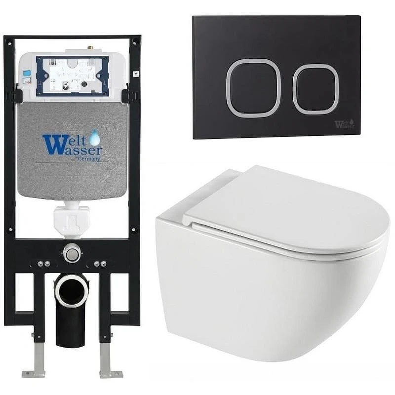 Комплект унитаза с инсталляцией WeltWasser AMBERG 497 + MERZBACH 043 XL GL-WT + AMBERG RD-BL 10000013766 цвет Белый глянцевый с сиденьем Микролифт и клавишей смыва цвет Черный