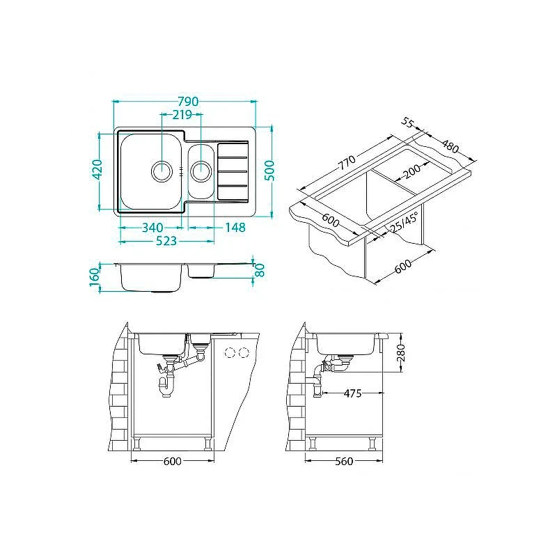 Кухонная мойка Alveus Line 70 NAT-90 790x500 1065684 Натуральная сталь нержавеющая сталь встраиваемый