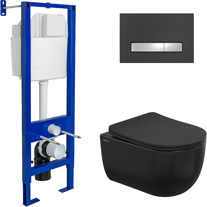 Комплект унитаза Berges Ventas Black с инсталляцией Atom Line 043325 Черный с сиденьем Микролифт и Черной Soft touch Хром глянец клавишей смыва фарфор подвесной