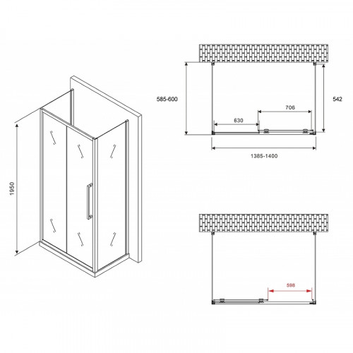 Душевой уголок Abber Schwarzer Diamant 140x60 AG30140BH-S60B-S60B профиль Черный стекло прозрачное