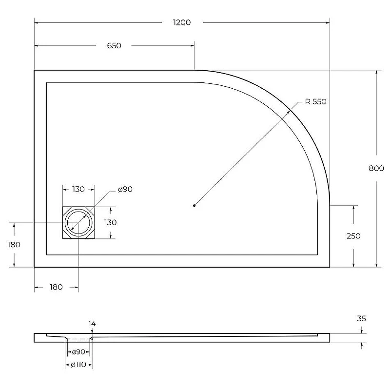 Душевой поддон из искусственного камня BelBagno Uno 120x80 R TRAY-MR-UNO-RH-120/80-550-35-W-R-NO Белый
