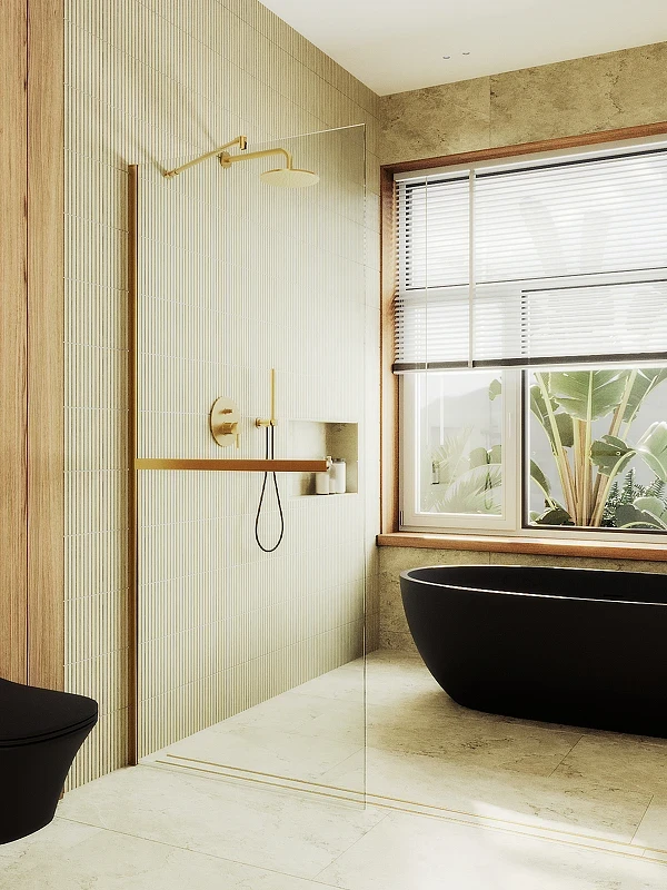 Душевая перегородка Maybah Glass MGD-720-3ш 690x1950 в широком профиле Золото стекло прозрачное