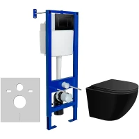 Комплект унитаза WellWant Aura WWU01122B с инсталляцией Berges Atom 410 040332 с сиденьем Микролифт и Черной матовой клавишей смыва