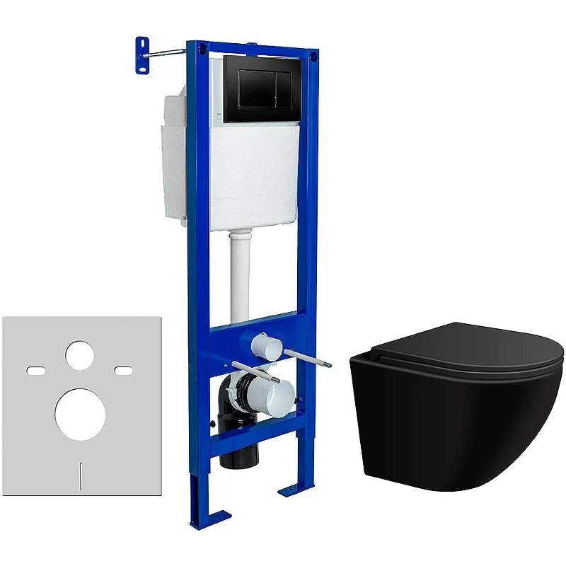 Комплект унитаза WellWant Aura WWU01122B с инсталляцией Berges Atom 410 040332 с сиденьем Микролифт и Черной матовой клавишей смыва
