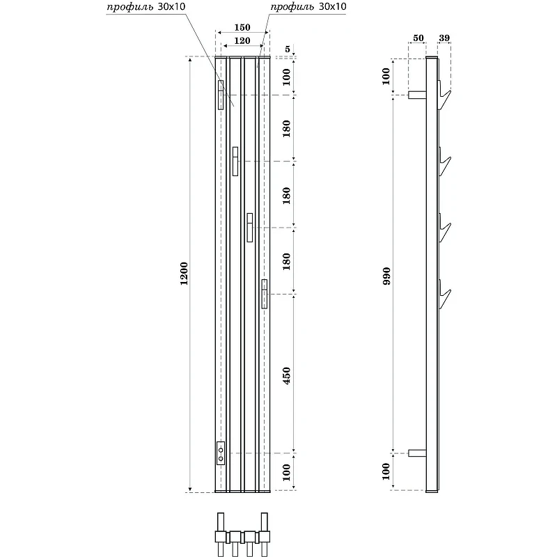 Электрический полотенцесушитель Point Пиано PN19722WB 150x1200 диммер слева Белый Черный
