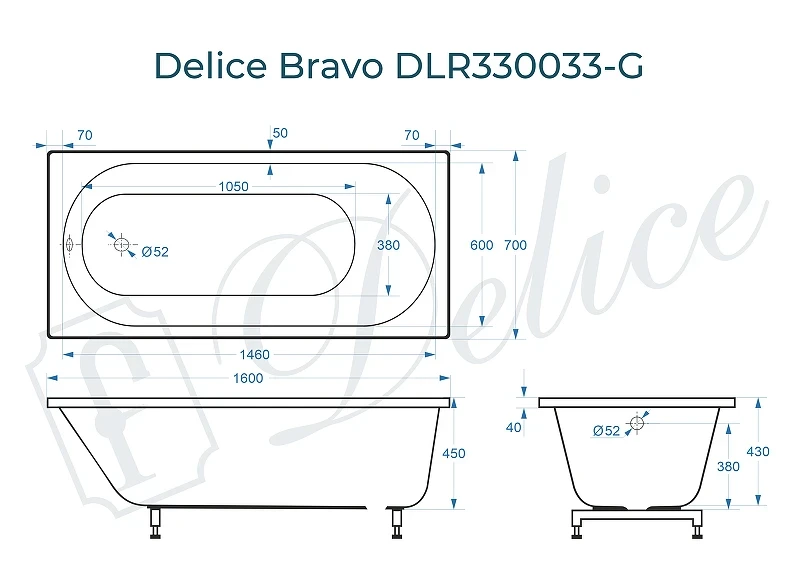 Ванна из искусственного камня Delice Bravo 160х70 DLR330033-G цвет Белый