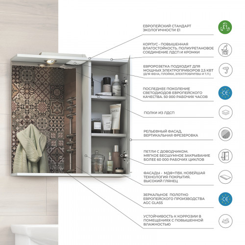 Зеркало со шкафом Vigo Diana 60 R z.DIA.60.R.El с подсветкой Белое МДФ / ЛДСП, стекло