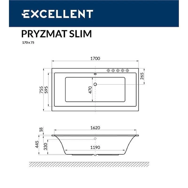 Акриловая ванна Excellent Pryzmat Slim 170x75 WAEX.PRY17S.SOFT.WH цвет Белый с гидромассажем форсунки Белые