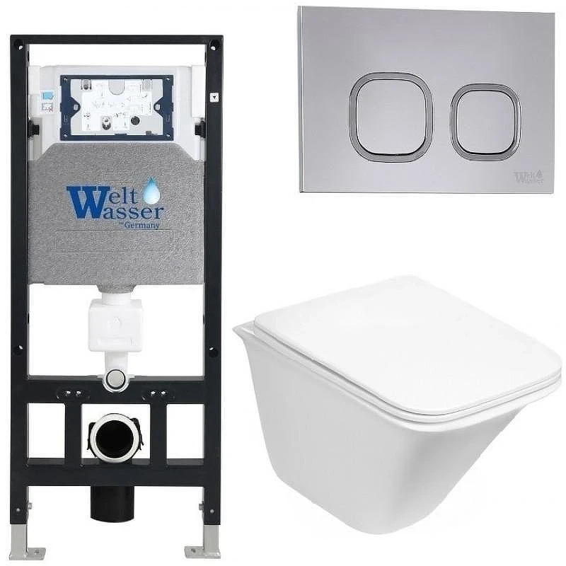 Комплект унитаза с инсталляцией WeltWasser AMBERG 506 + ROTBACH 004 GL-WT + AMBERG RD-CR 10000006832 цвет Белый глянцевый с сиденьем Микролифт и клавишей смыва цвет Хром