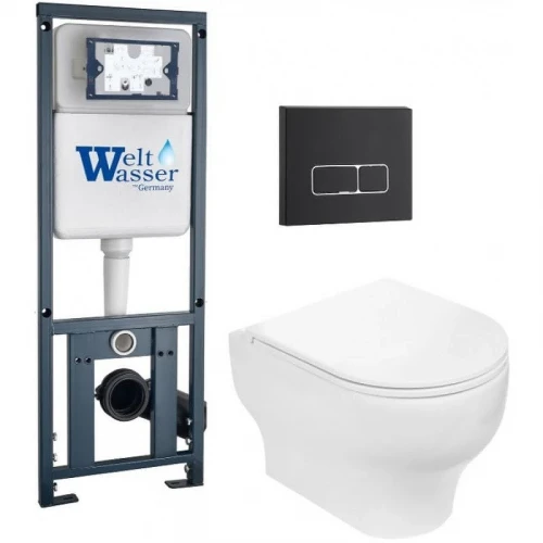 Комплект унитаза с инсталляцией WeltWasser MARBERG 410 + ERLENBACH 004 GL-WT + MAR 410 SE MT-BL 10000010377 цвет Белый глянцевый с сиденьем Микролифт и клавишей смыва цвет Черный матовый