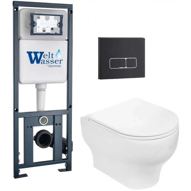 Комплект унитаза с инсталляцией WeltWasser MARBERG 410 + ERLENBACH 004 GL-WT + MAR 410 SE MT-BL 10000010377 цвет Белый глянцевый с сиденьем Микролифт и клавишей смыва цвет Черный матовый