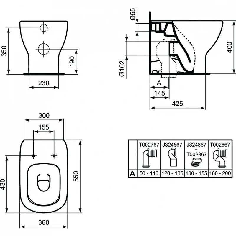 Унитаз Ideal Standard Tesi T007701 приставной без сиденья фарфор приставной