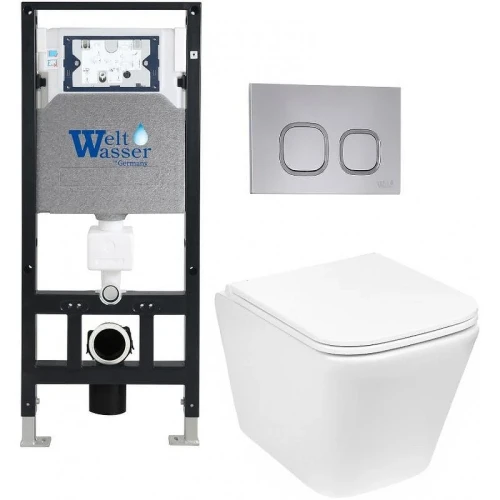 Комплект унитаза с инсталляцией WeltWasser AMBERG 506 + GELBACH 043 GL-WT + AMBERG RD-CR 10000011862 цвет Белый глянцевый с сиденьем Микролифт и клавишей смыва цвет Хром