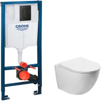 Комплект унитаза Vincea Globo VT1-14S с инсталляцией Grohe Rapid SL 38811KF0 с сиденьем Микролифт и Черной матовой клавишей смыва фарфор подвесной