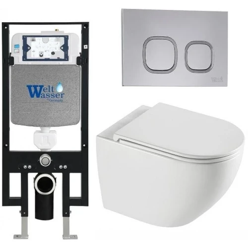 Комплект унитаза с инсталляцией WeltWasser AMBERG 497 + MERZBACH 043 XL GL-WT + AMBERG RD-CR 10000013767 цвет Белый глянцевый с сиденьем Микролифт и клавишей смыва цвет Хром