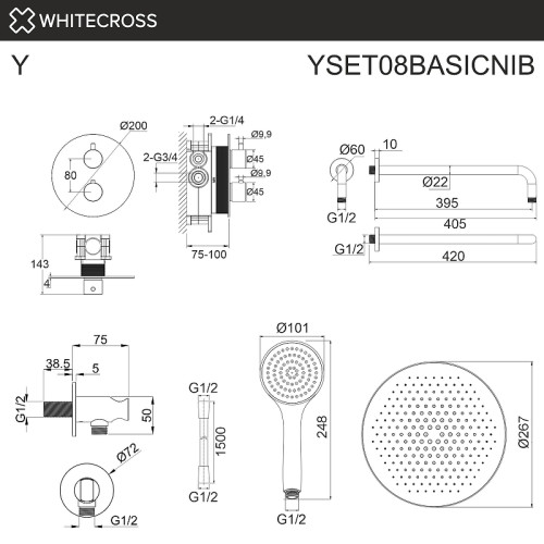 Душевая система Whitecross Y brushed nickel YSET08BASICNIB с термостатом цвет Никель брашированный