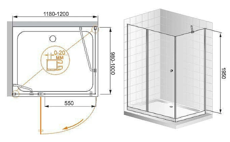 Душевой уголок Cezares Elena 120x100 L ELENA-W-AH-1-120/100-P-Cr-L профиль Хром стекло рифленое
